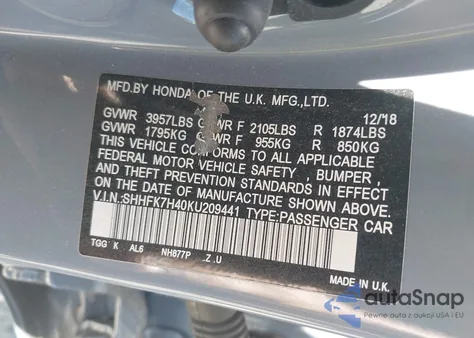 2019 Honda Civic Sport from USA, damaged, VIN SHHFK7H40KU209441